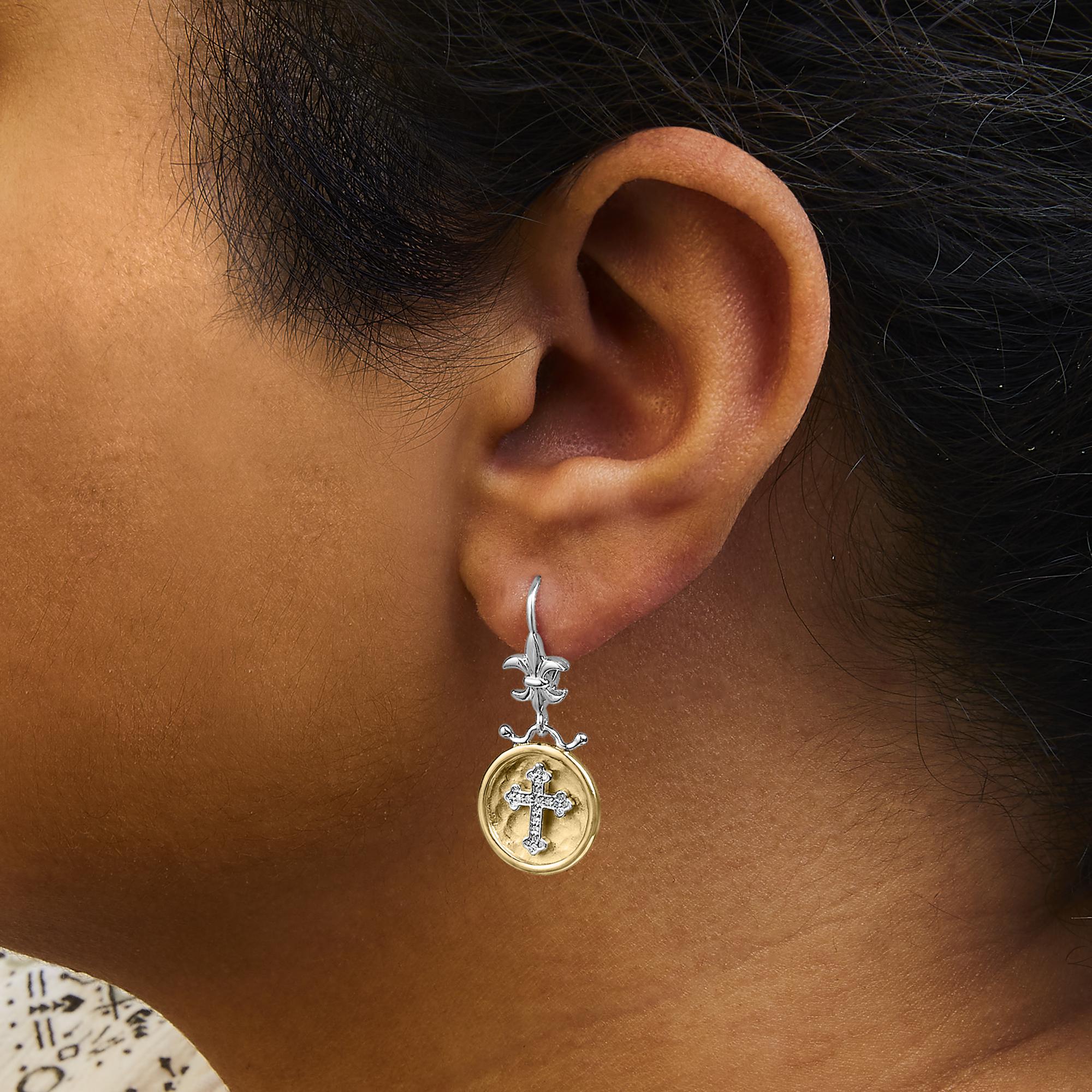 18K Yellow Gold Plated .925 Sterling Silver 1/8 Cttw Diamond Hammered Finished Medallion with Cross Drop and Dangle Earrings (I-J Color, SI1-SI2 Clarity) - Friggin Jewelry