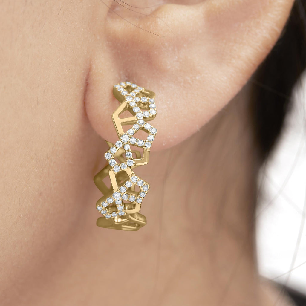 14K Yellow Gold 3/4 Cttw Diamond Honeycomb Hoop Earrings (G-H Color, SI1-SI2 Clarity) - 24MM - Friggin Jewelry