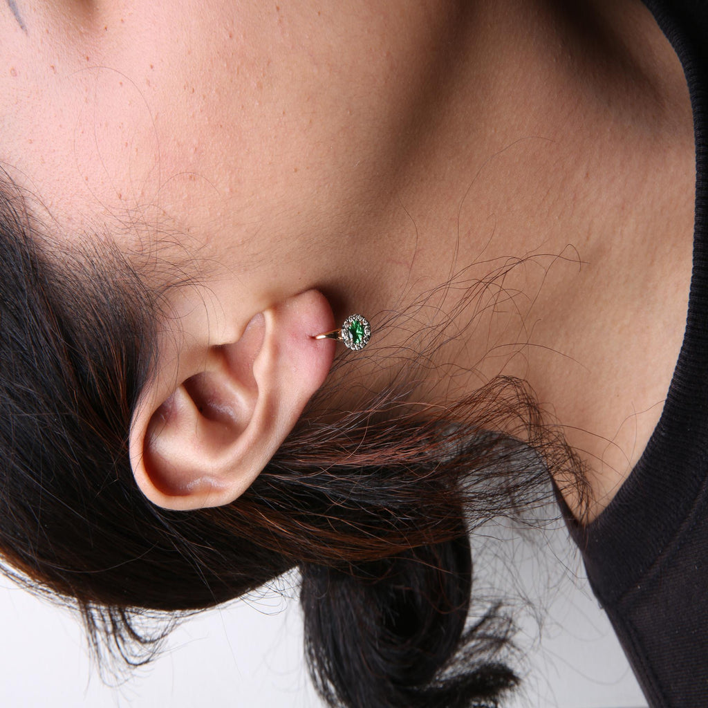 18K Rose and White Gold 3/8 Cttw Round Brown Diamonds and Round Green Tsavorite Gemstone Halo Drop Hoop Earrings (Brown Color, SI1-SI2 Clarity) - Friggin Jewelry