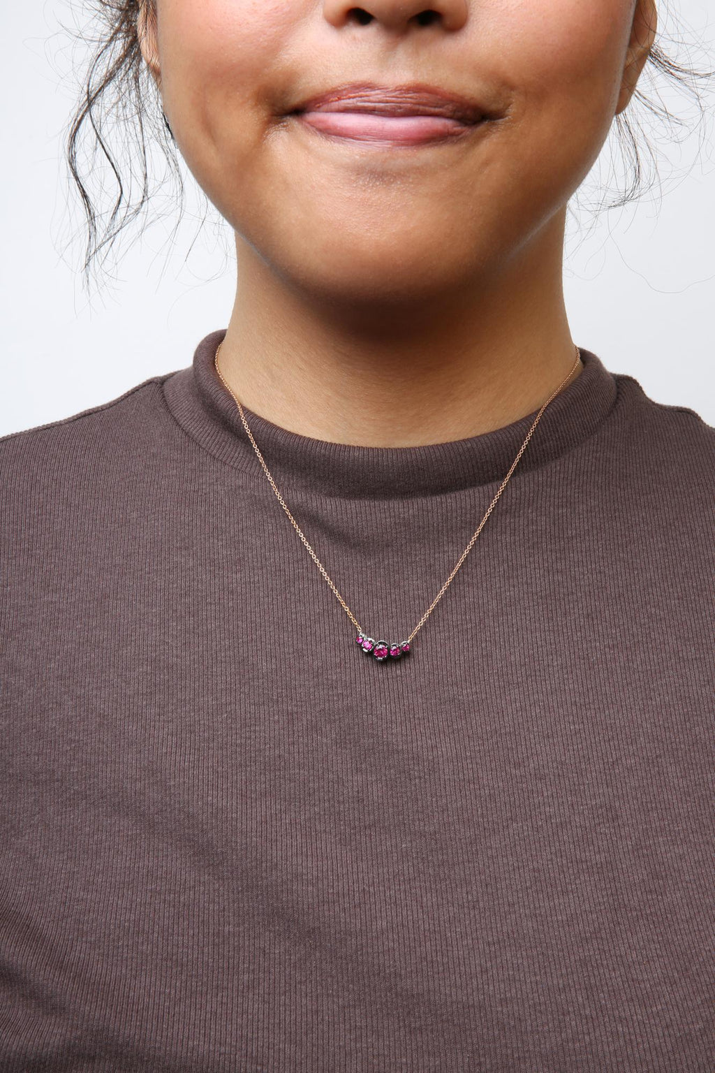 18K Rose Gold 3/4 Cttw Pave Diamonds and Graduated Red Ruby Gemstone Curved Bar Choker Necklace (G-H Color, SI1-SI2 Clarity) - Adjustable up to 14" - 16.5" - Friggin Jewelry