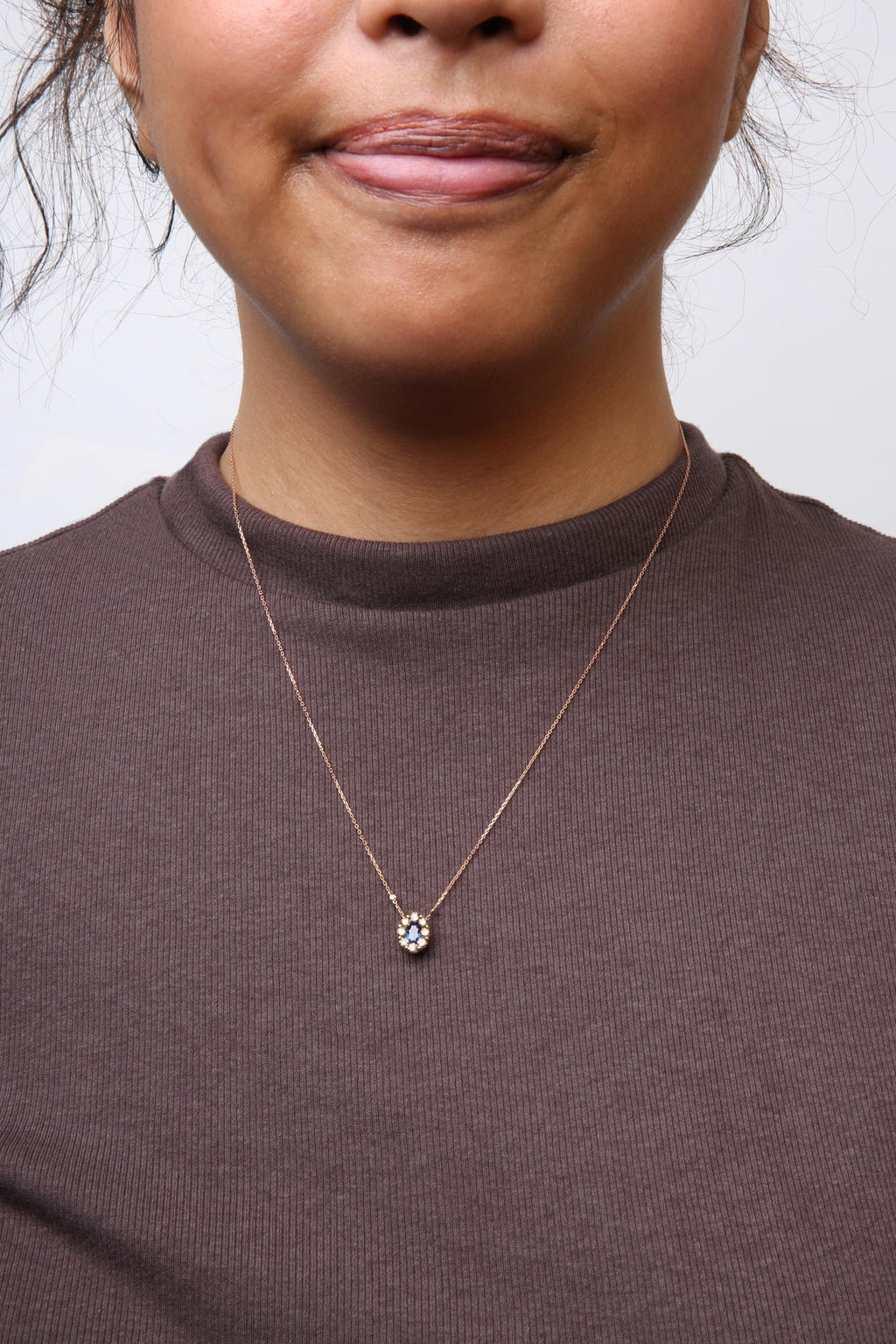18K Rose Gold 5/8 Cttw White and Brown Diamond Accent and 7 x 4mm Oval Blue Sapphire Gemstone Statement Halo Cluster Pendant Necklace (Brown and G-H Color, - Friggin Jewelry SI1-SI2 Clarity) - Adjustable up to 16" - 18"