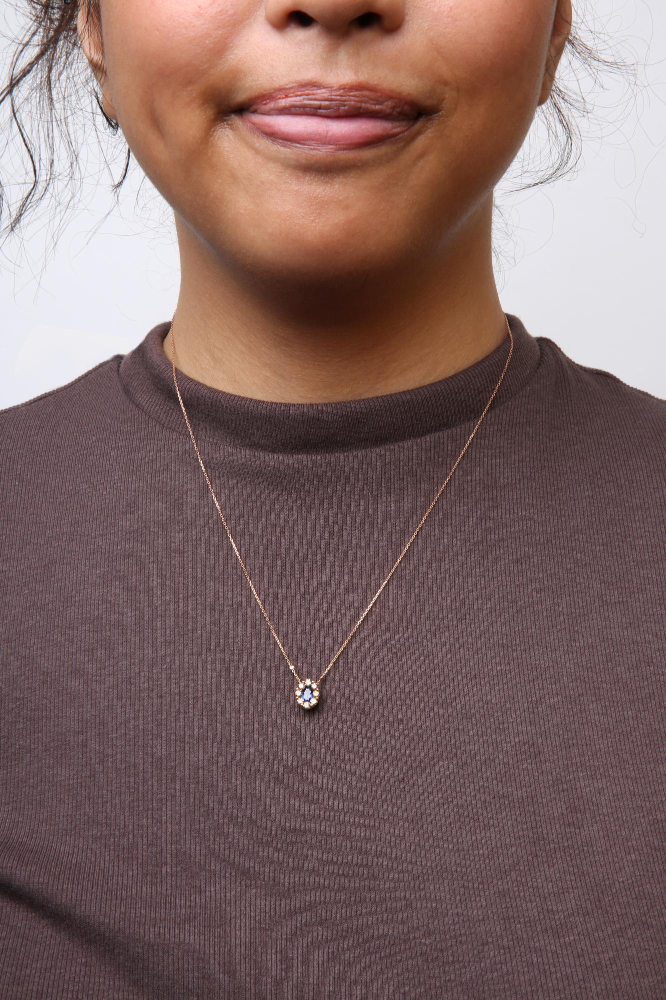 18K Rose Gold 5/8 Cttw White and Brown Diamond Accent and 7 x 4mm Oval Blue Sapphire Gemstone Statement Halo Cluster Pendant Necklace (Brown and G-H Color, - Friggin Jewelry SI1-SI2 Clarity) - Adjustable up to 16" - 18"