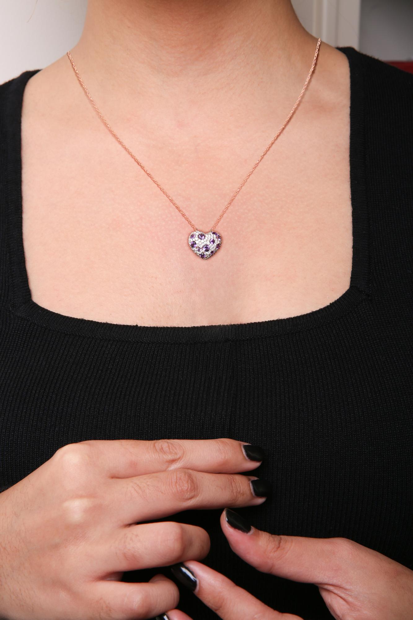 18K Rose Gold 3/4 Cttw Diamond and Purple Amethyst Cluster Heart Shape 18" Pendant Necklace (G-H Color, SI1-SI2 Clarity) - Friggin Jewelry