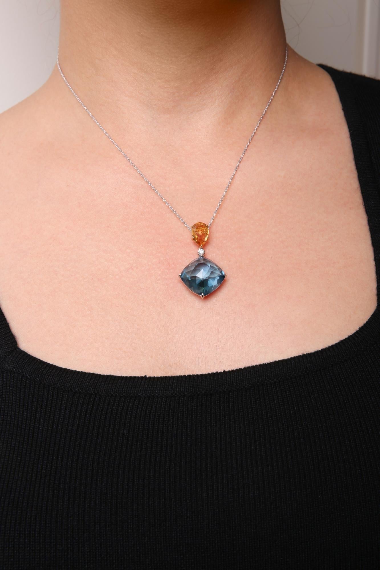 18K White and Yellow Gold Diamond Accent and Yellow Citrine and Sky Blue Topaz Gemstone Dangle Drop 18" Pendant Necklace (G-H Color, SI1-SI2 Clarity) - Friggin Jewelry