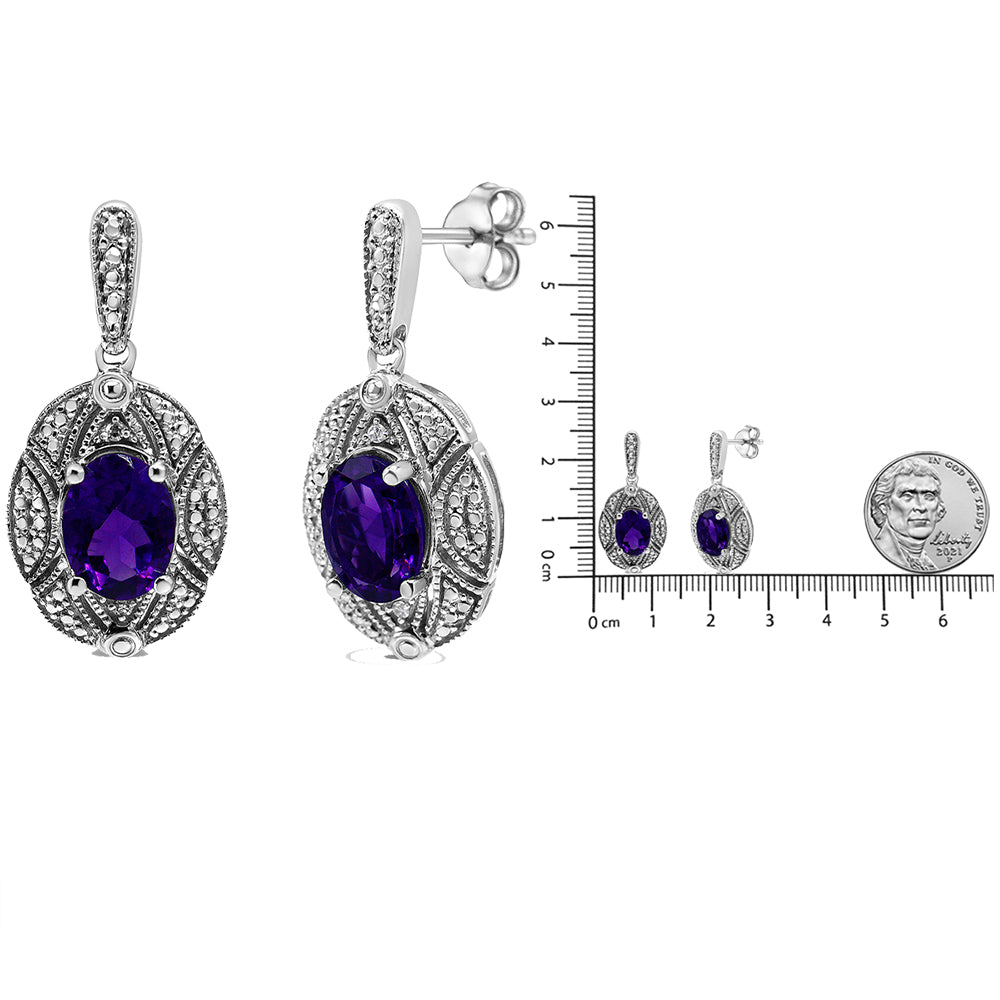 Pendientes de plata de ley 925 con detalles de diamantes y amatista ovalada morada de 8 x 6 mm (color IJ, claridad I1-I2) - Friggin Jewelry