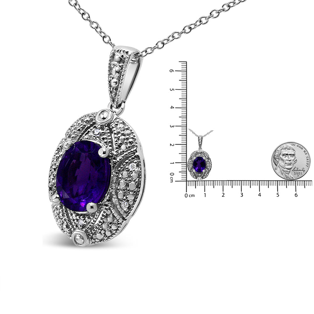 Collar de 45 cm con colgante de amatista morada ovalada de 9 x 7 mm y detalle de diamante en plata de ley 925 (color IJ, claridad I1-I2) - Friggin Jewelry