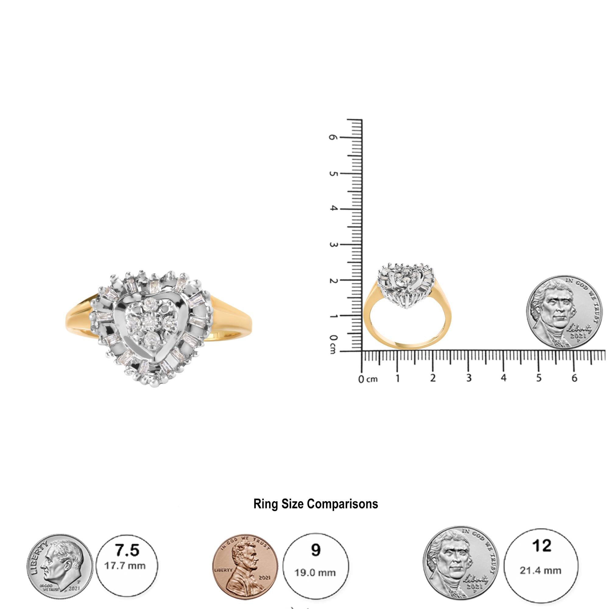 10K Yellow Gold 1/4 Cttw Round and Baguette cut Diamond Heart Shape Ballerina Ring (H-I Color, I1-I2 Clarity) - Friggin Jewelry