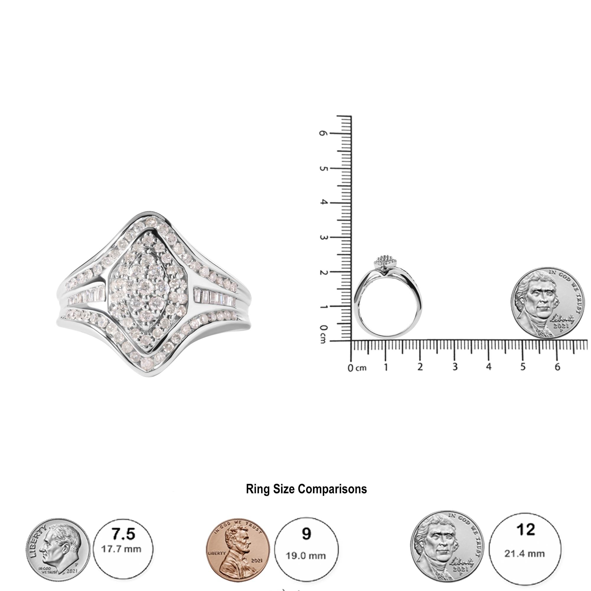 14K White Gold 3/4 Cttw Round and Baguette cut Diamond Cluster Ring (H-I Color, I1-I2 Clarity) - Friggin Jewelry Premium