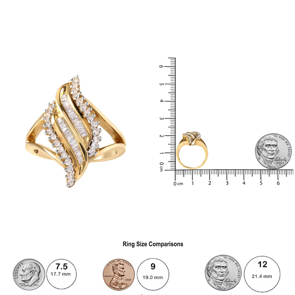 10K Yellow Gold 1/2 Cttw Round and Baguette Cut Diamond Cocktail Ring (H-I Color, I1-I2 Clarity) - Friggin Jewelry