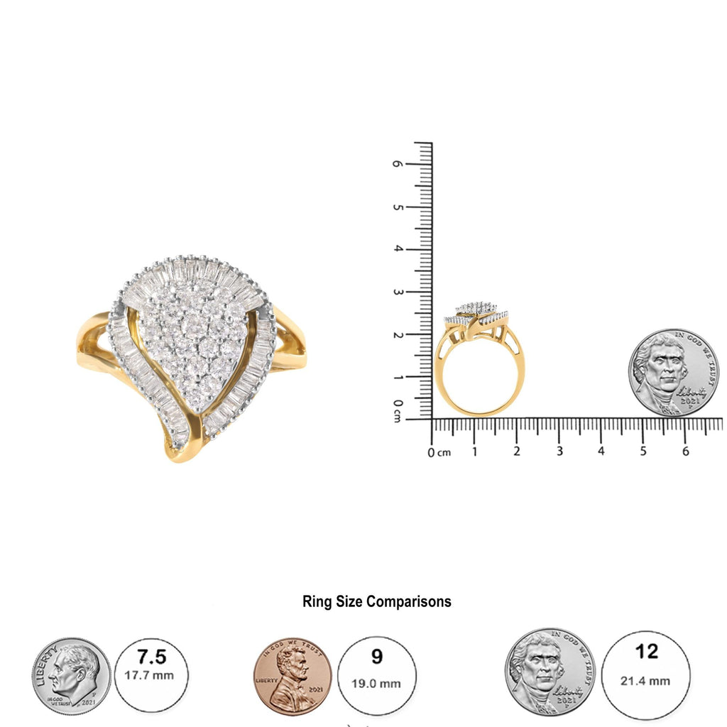 10K Yellow Gold 1 Cttw Round and Baguette Cut Diamond Ballerina Cluster Ring (H-I Color, SI2-I1 Clarity) - Friggin Jewelry