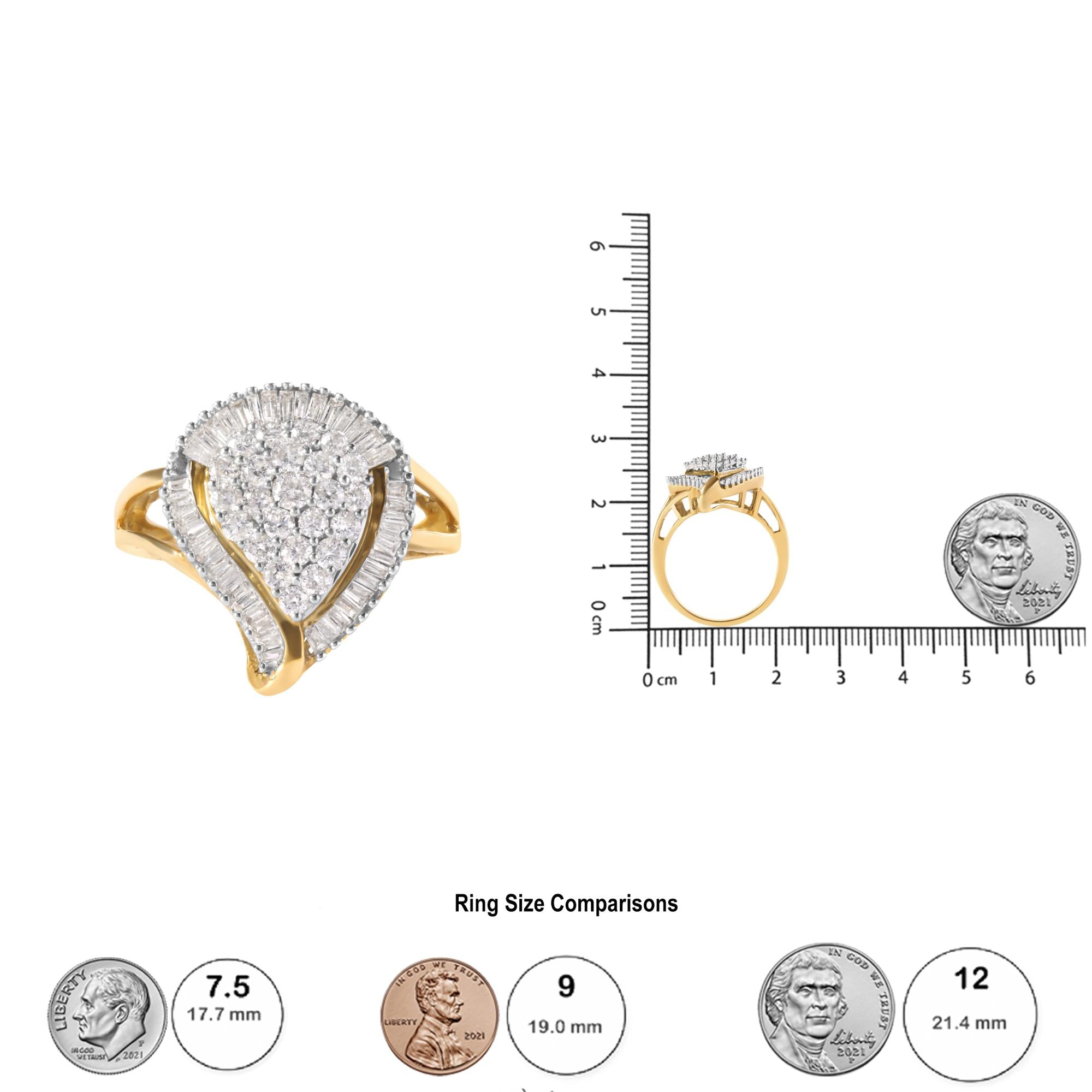10K Yellow Gold 1 Cttw Round and Baguette Cut Diamond Ballerina Cluster Ring (H-I Color, SI2-I1 Clarity) - Friggin Jewelry