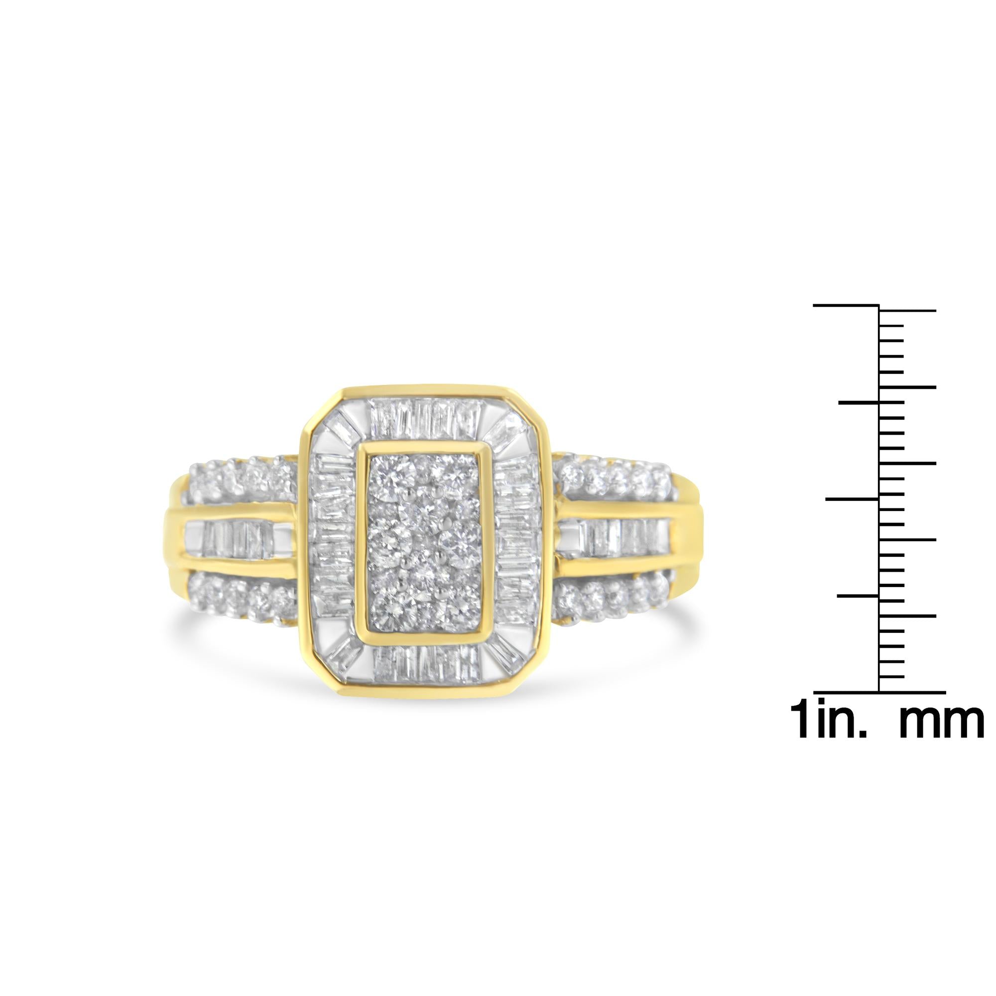 Anello da cocktail in oro giallo 10 carati con diamanti taglio baguette e taglio rotondo (1,0 ct, colore HI, purezza SI2-I1) - Friggin Jewelry