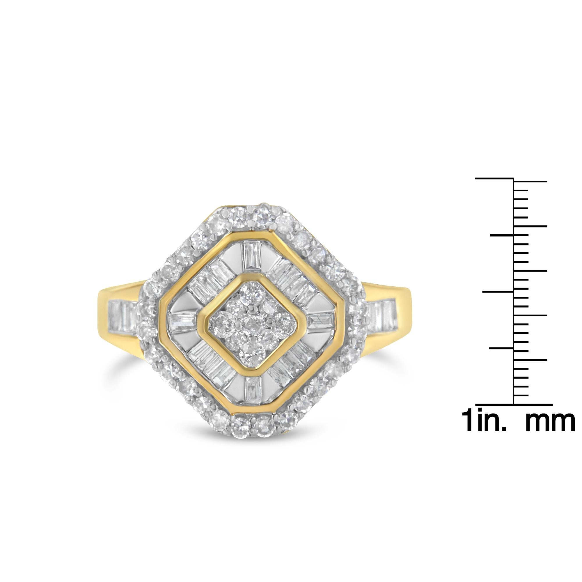Anello da cocktail in oro giallo 10 carati con diamanti taglio baguette e taglio rotondo (1,0 ct, colore IJ, purezza I1-I2) - Friggin Jewelry