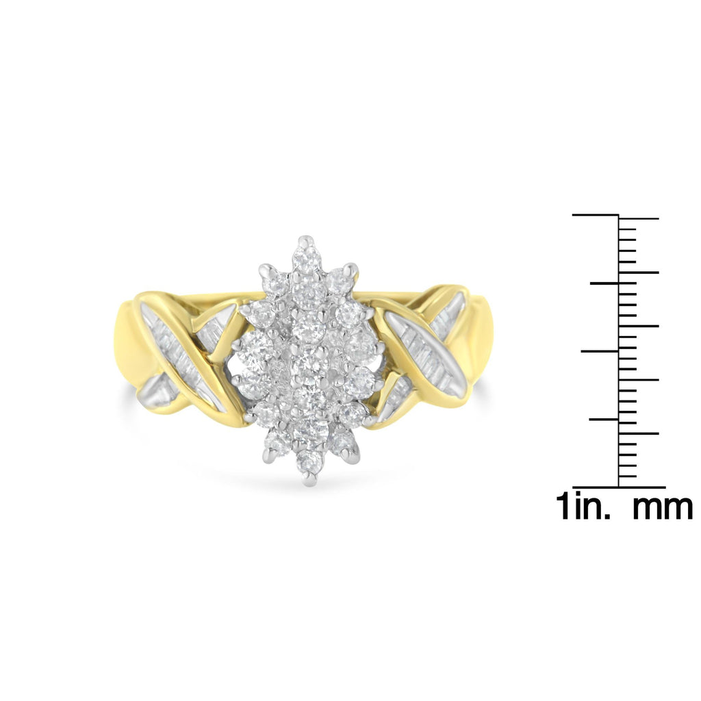 10K Two-Toned Round Baguette Diamond Cluster Ring (1/2 Cttw, I-J Color, I2-I3 Clarity) - Friggin Jewelry Winter