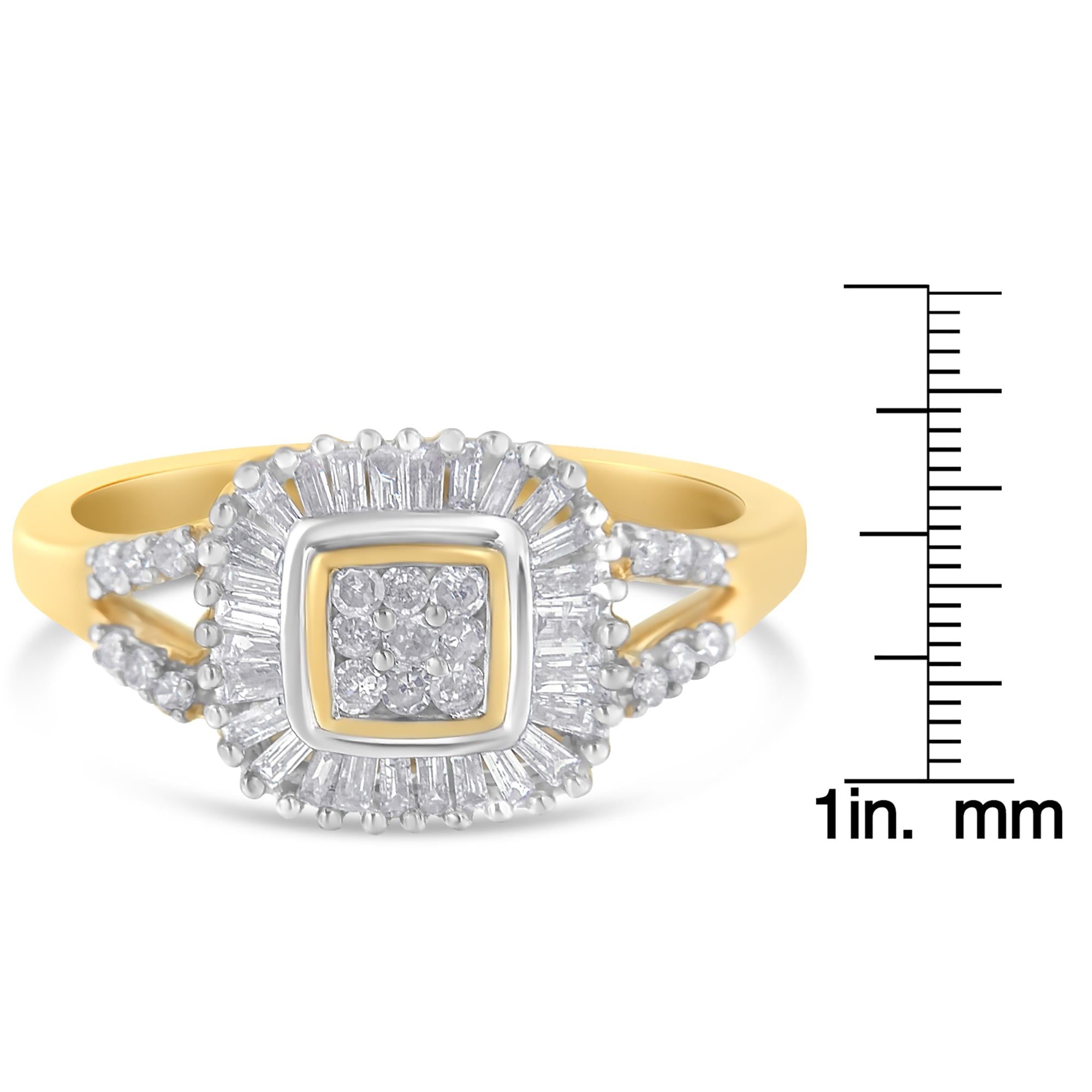 Anello a ballerina in oro giallo 10 carati con diamanti taglio baguette e rotondo (1/2 carati, colore IJ, purezza SI2-I1) - Friggin Jewelry