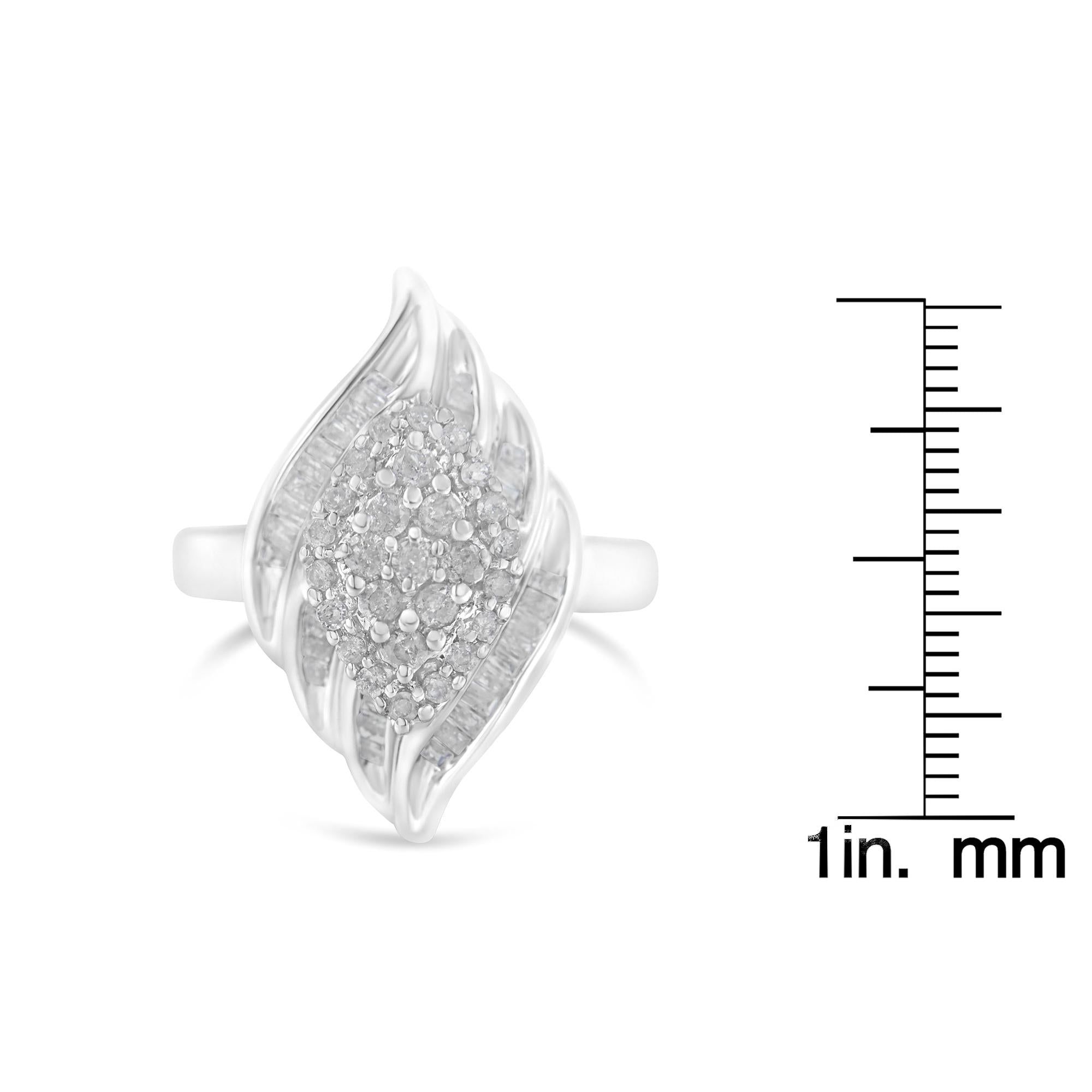 .925 Sterling Silver ¾ Cttw Round and Baguette Cut Diamond Stair-Stepped Cluster Waterfall Cocktail Ring (I-J Color, I2-I3 Clarity) - Friggin Jewelry