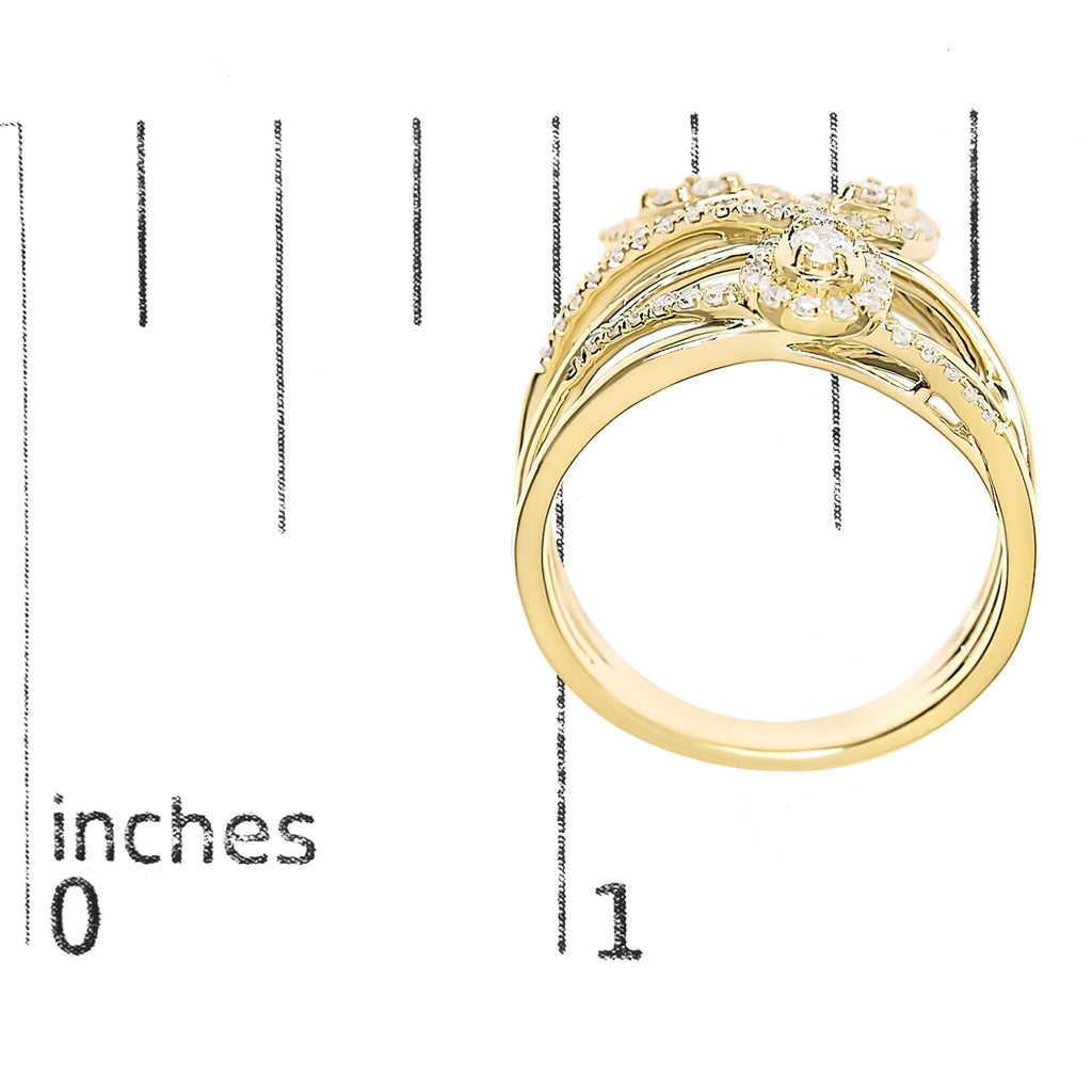 10K Yellow Gold 1/2 Cttw Diamond Crossover 3 Leaf Floral Cocktail Ring Band (H-I Color, SI1-SI2 Clarity) - Friggin Jewelry