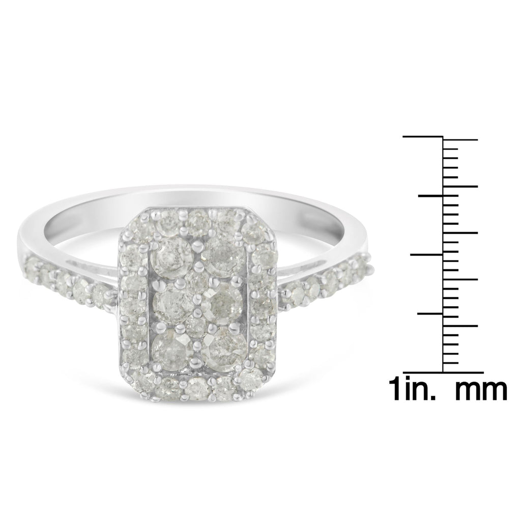 .925 Sterling Silver 1.0 Cttw Diamond Emerald-Shaped Cluster with Halo Cathedral Style Cocktail Ring (I-J Color, I3 Clarity) - Friggin Jewelry