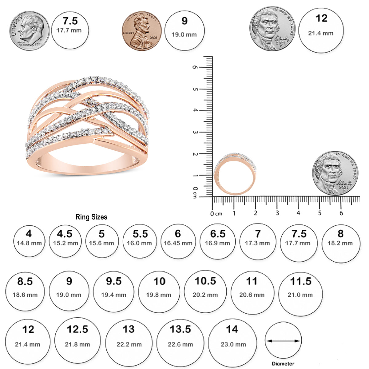 Anillo cruzado con detalles de diamantes en plata de ley 925 (color IJ, claridad I2-I3) - Friggin Jewelry