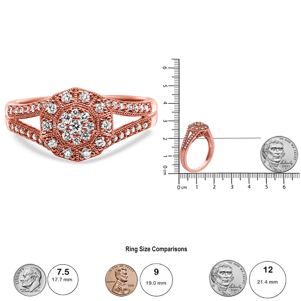14K Rose Gold Plated .925 Sterling Silver 1/2 Cttw Pave Diamond Halo Cluster Split Shank Cocktail Ring (I-J Color, I1-I2 Clarity) - Friggin Jewelry