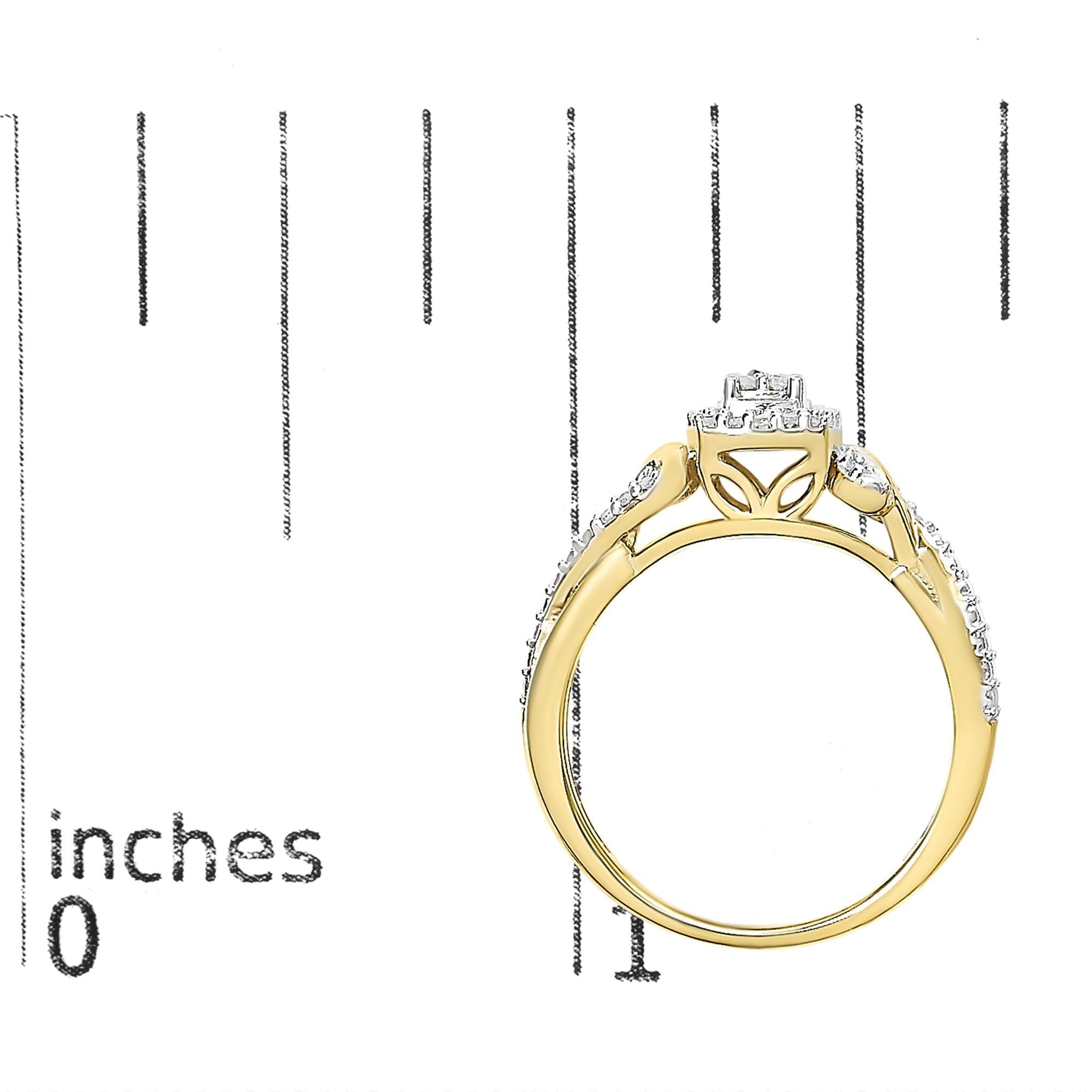 Anillo de compromiso de oro amarillo de 10 quilates con halo compuesto de diamantes de 1/10 quilates y cuerpo retorcido - Friggin Jewelry