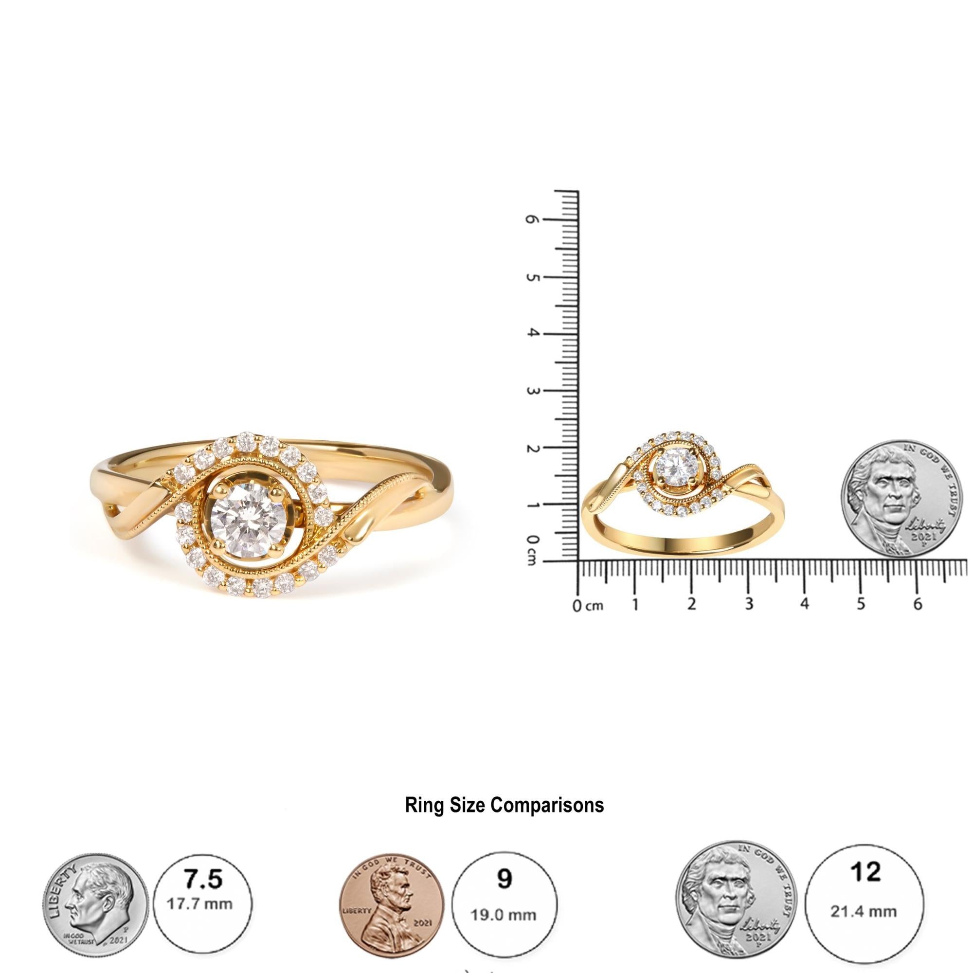 14K Yellow Gold 1/3 Cttw Diamond Solitaire and Halo Swirl Engagement Ring (G-H Color, VS2-SI1 Clarity)- Size 7 - Friggin Jewelry Premium