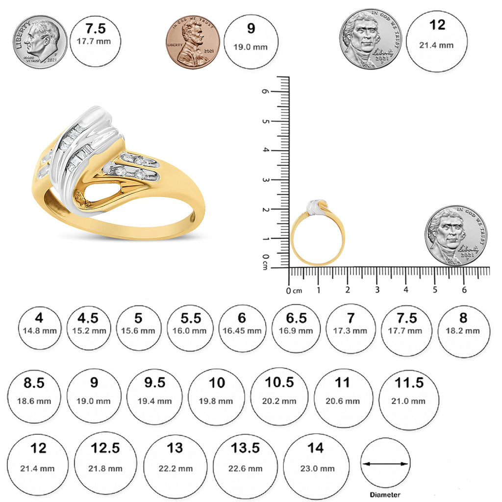 10K Yellow and White Gold 1/10 Cttw Baguette and Round-Cut Diamond Bypass Ring (I2 Color, H-I Clarity) - Friggin Jewelry