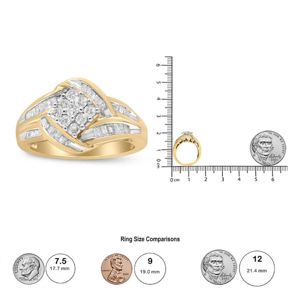 10K Yellow and White Gold 3/4 Cttw Diamond Cluster and Swirl Ring (H-I Color, I1-I2 Clarity) - Friggin Jewelry