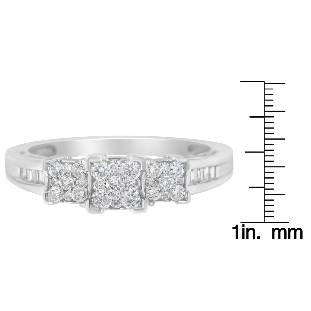 10K White Gold 1/2 Cttw Brilliant & Baguette Cut Diamond 3 Stone Design with 3 Square Clusters Engagement Ring (H-I Color, SI2-I1 Clarity) - Friggin Jewelry
