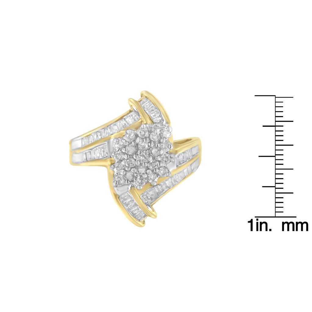10K Yellow Gold Round and Baguette-Cut Diamond Bypass Cluster Ring (1.0 Cttw, I-J Color, I1-I2 Clarity) - Friggin Jewelry