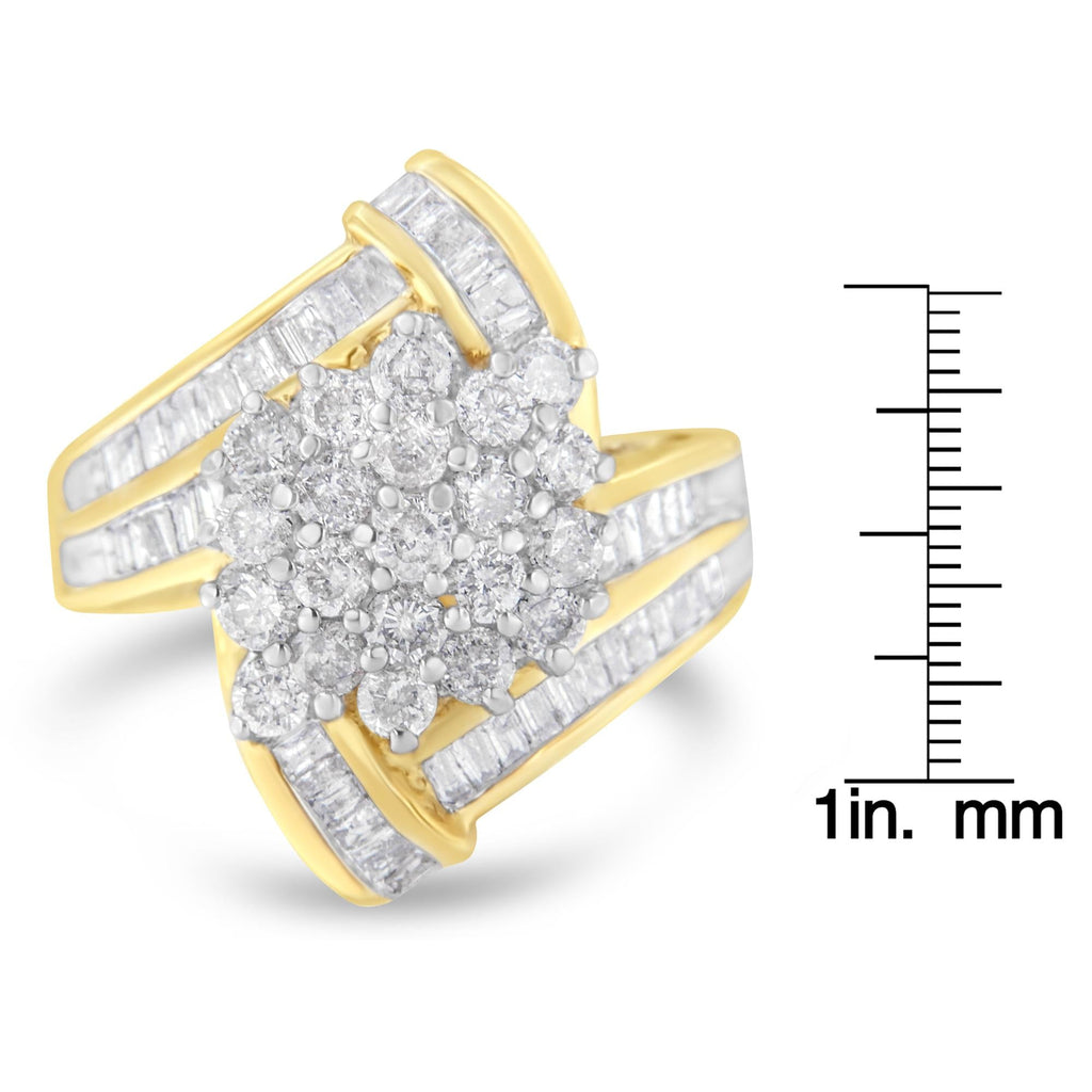 10K Yellow Gold Round and Baguette Diamond Crossover Cluster Ring (3 Cttw, I-J Color, I1-I2 Clarity) - Friggin Jewelry Premium