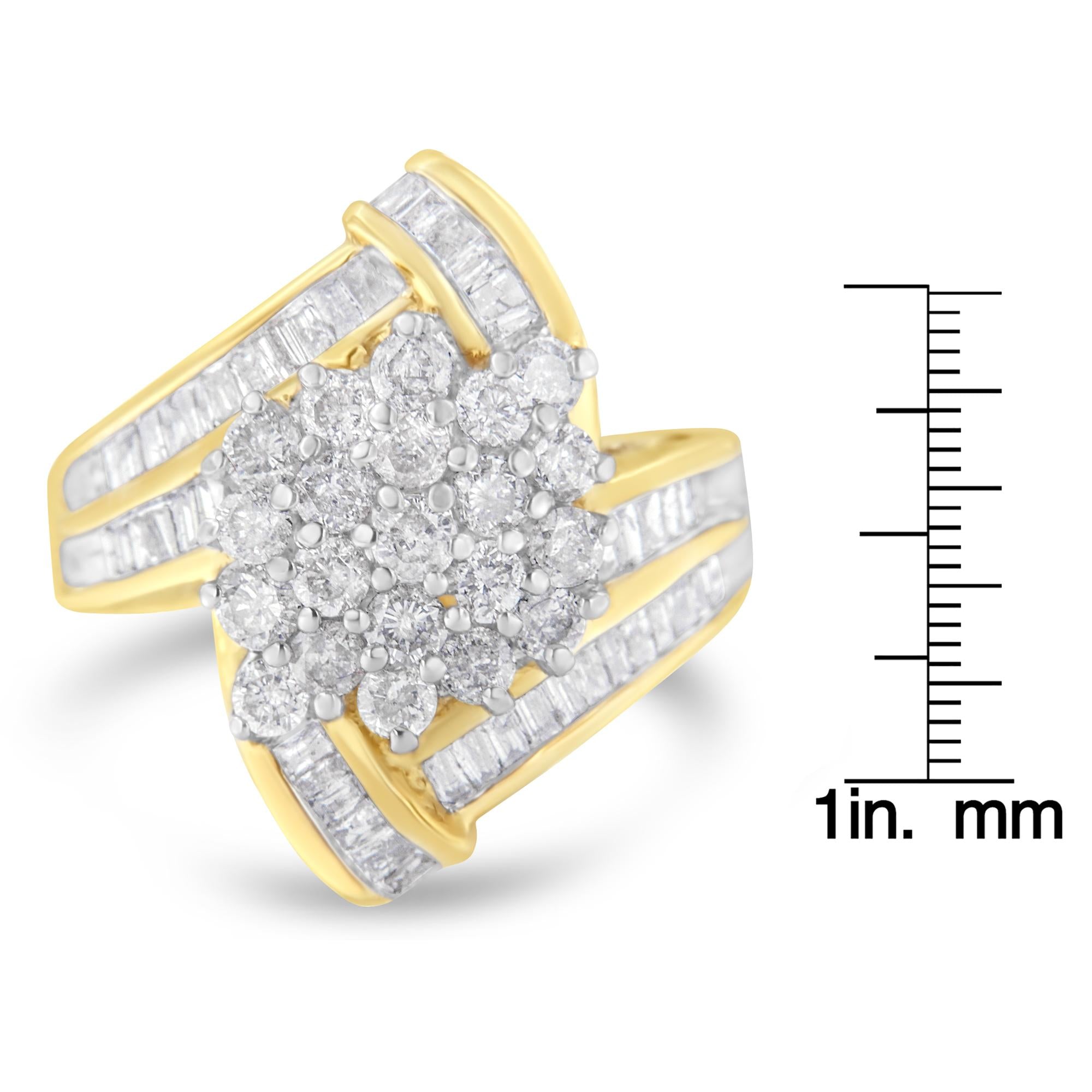 10K Yellow Gold Round and Baguette Diamond Crossover Cluster Ring (3 Cttw, I-J Color, I1-I2 Clarity) - Friggin Jewelry Premium