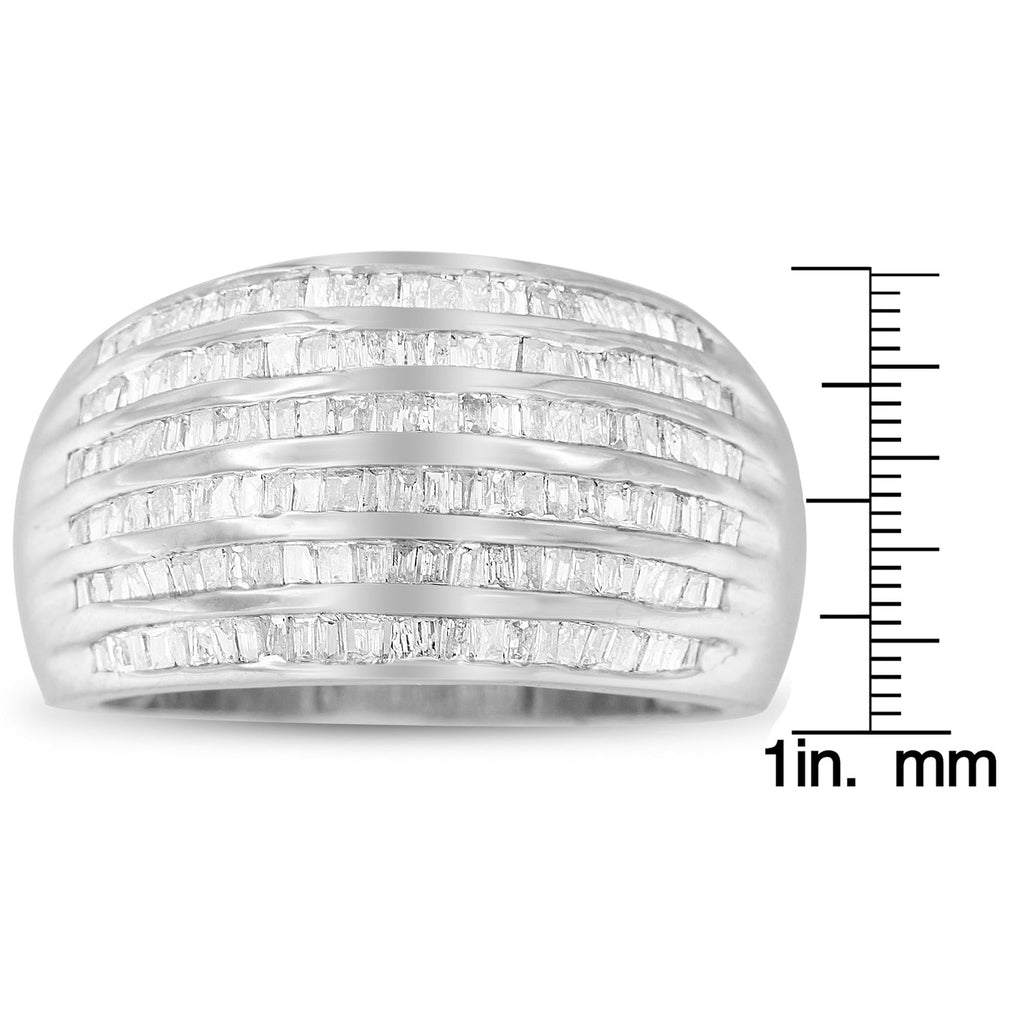 .925 Sterling Silver 1.0 Cttw Baguette-Cut Diamond 6-Row Channel Set Domed Tapered Cocktail Fashion Ring (H-I Color, I2-I3 Clarity) - Friggin Jewelry