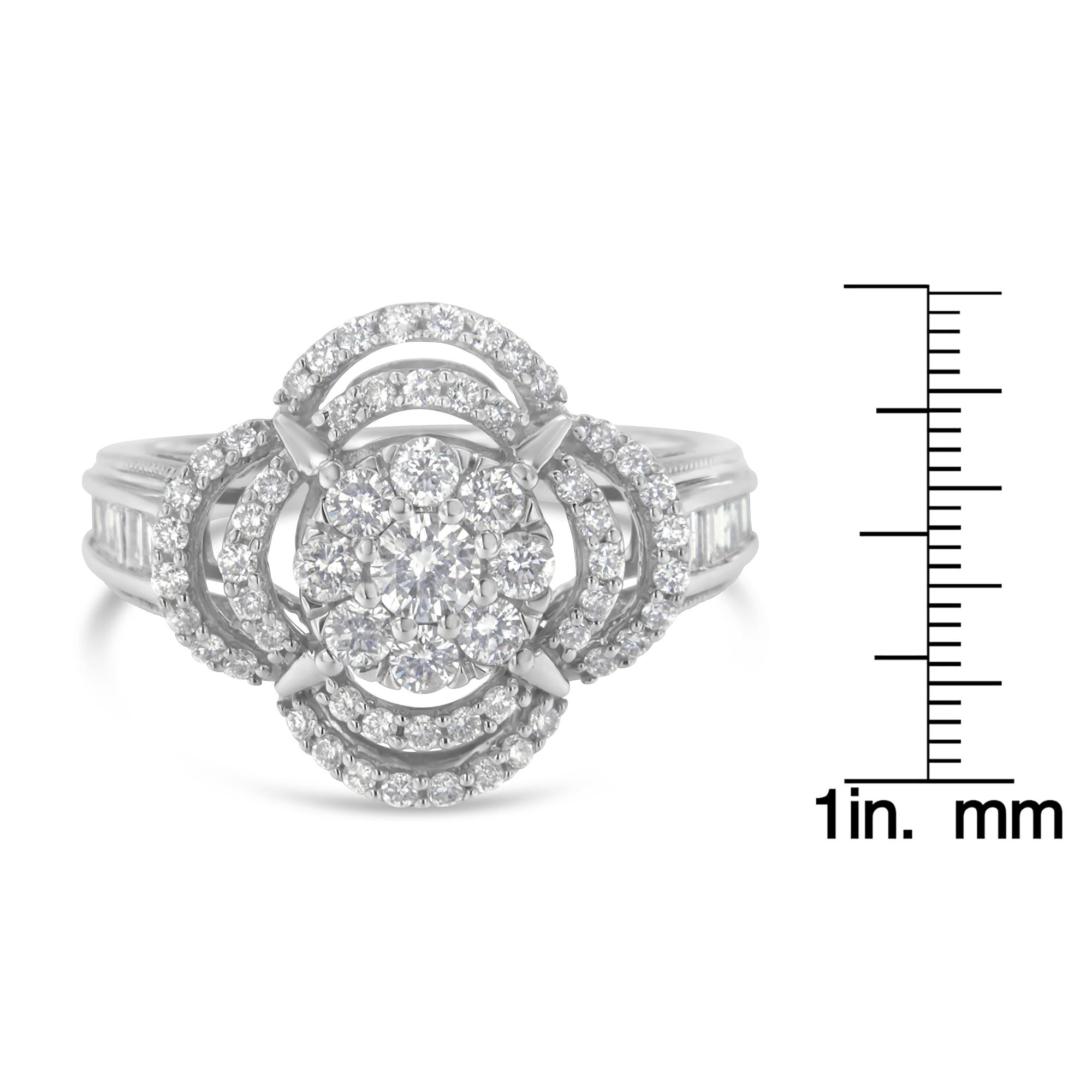 14K White Gold 1.0 Cttw Round & Baguette Cut Diamond Floral Cluster Quatrefoil Channel Set Band Cocktail Statement Ring (H-I Color, SI2-I1 Clarity) - Friggin Jewelry