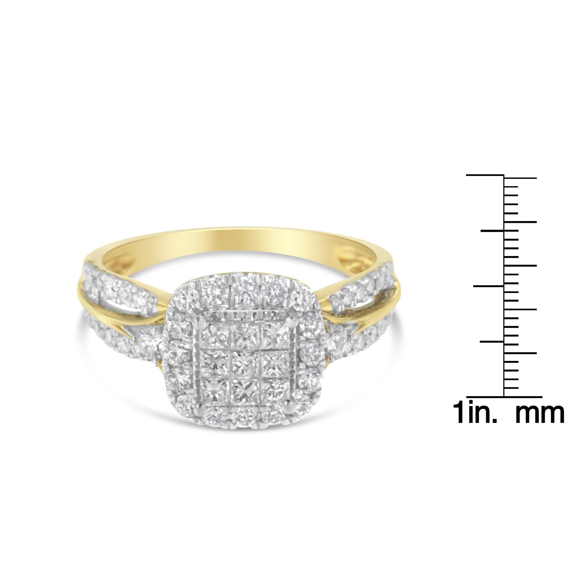 Anello di fidanzamento a 3 fasce con alone a forma di cuscino in oro giallo 10 carati con diamanti compositi da 1,0 ct (colore HI, purezza SI1-SI2) - Friggin Jewelry