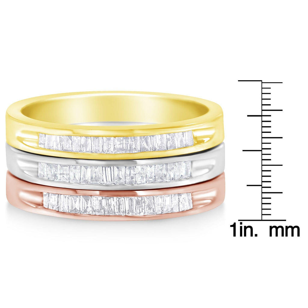 10K Yellow, White and Rose Gold over .925 Sterling Silver 5/8 Cttw Diamond Channel-Set Stackable Band Ring Set (H-I Color, I1-I2 Clarity) - Friggin Jewelry