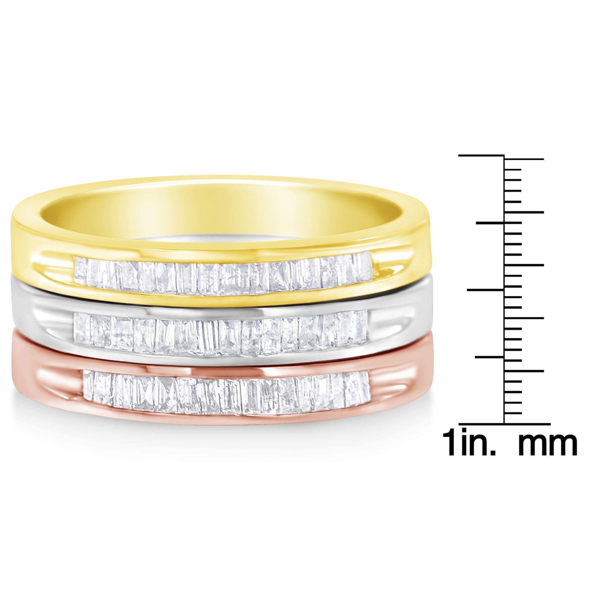 10K Yellow, White and Rose Gold over .925 Sterling Silver 5/8 Cttw Diamond Channel-Set Stackable Band Ring Set (H-I Color, I1-I2 Clarity) - Friggin Jewelry