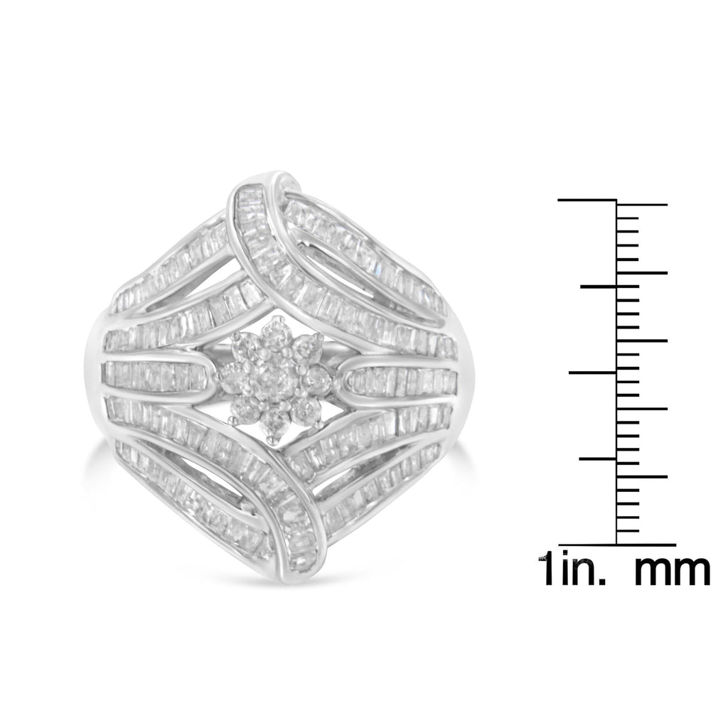 .925 Sterling Silver 1-1/8 Cttw Round & Baguette Diamond 'Flower & Fern' Cluster Cocktail Fashion Ring (I-J Color, I2-I3 Clarity) - Friggin Jewelry
