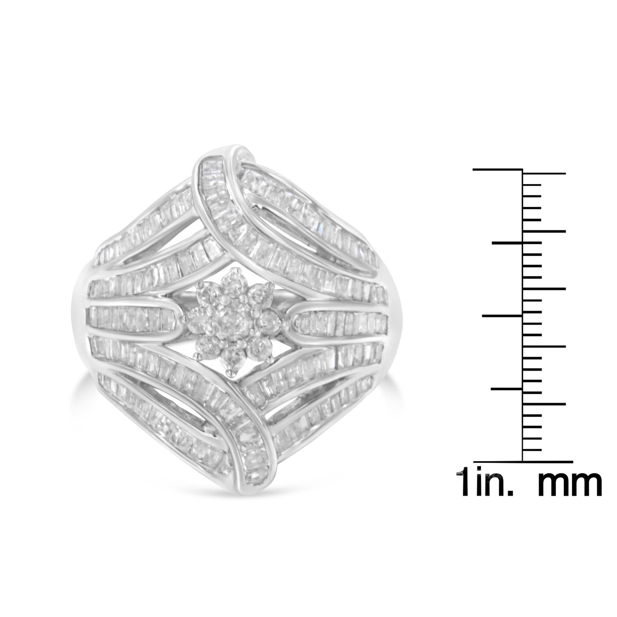 .925 Sterling Silver 1-1/8 Cttw Round & Baguette Diamond 'Flower & Fern' Cluster Cocktail Fashion Ring (I-J Color, I2-I3 Clarity) - Friggin Jewelry