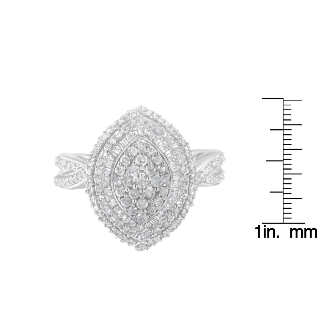 .925 Sterling Silver 1.0 Cttw Round & Baguette-Cut Diamond Marquise-Shaped Cluster Triple Stepped Halo Cocktail Fashion Ring (I-J Color, I2-I3 Clarity) - Friggin Jewelry
