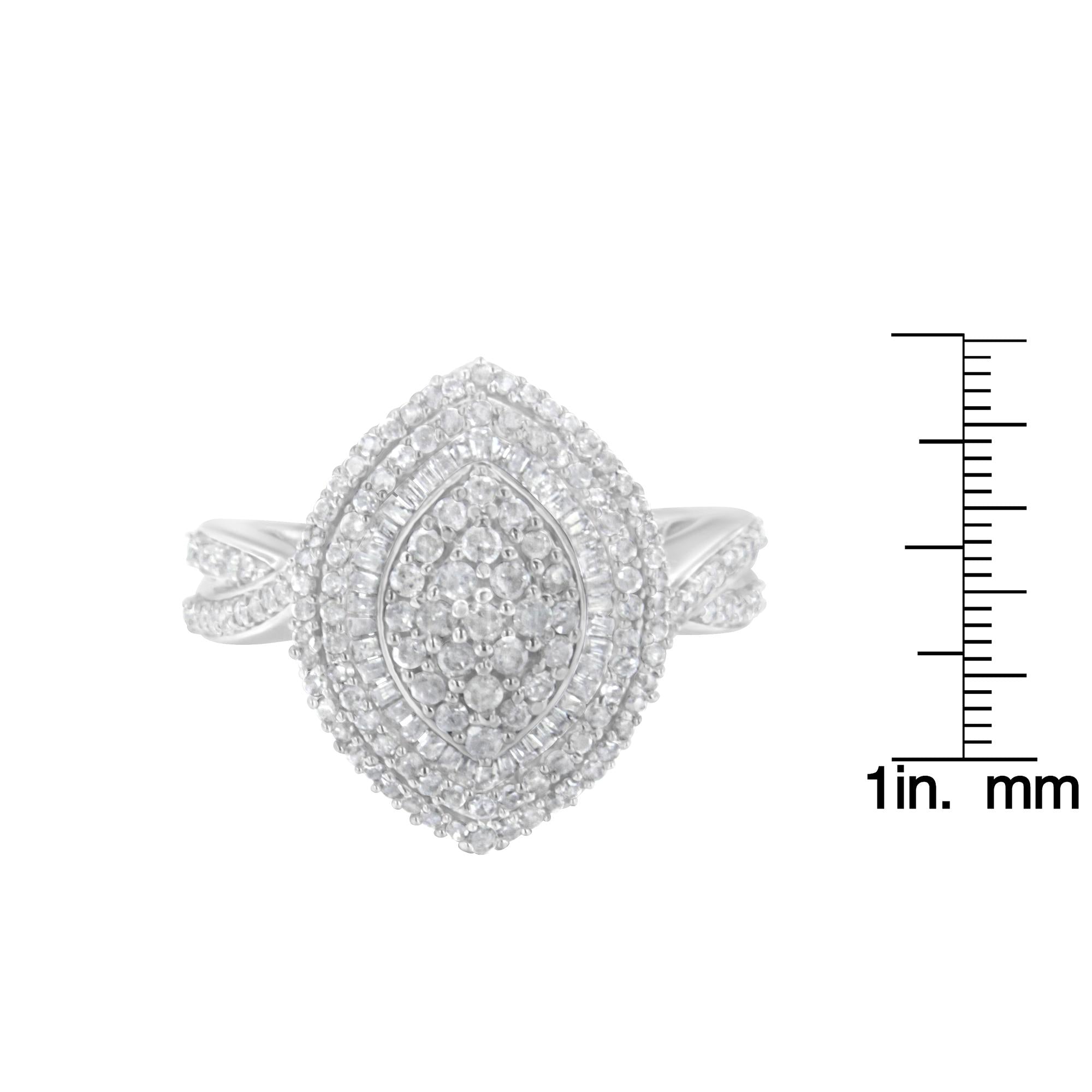 .925 Sterling Silver 1.0 Cttw Round & Baguette-Cut Diamond Marquise-Shaped Cluster Triple Stepped Halo Cocktail Fashion Ring (I-J Color, I2-I3 Clarity) - Friggin Jewelry