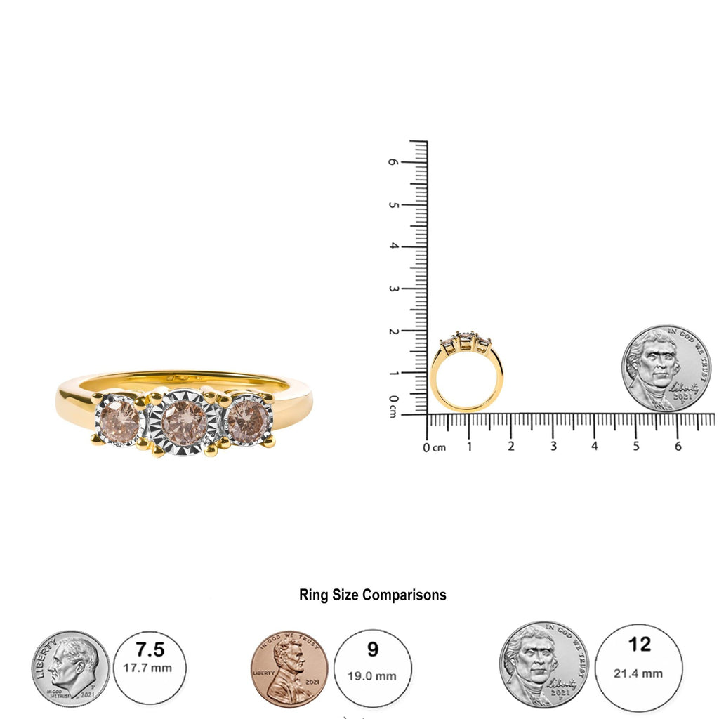 10K Yellow Gold 1/2 Cttw Miracle Set Round Diamond Three Stone Illusion Plate Ring (I-J Color, I2-I3 Clarity) - Friggin Jewelry