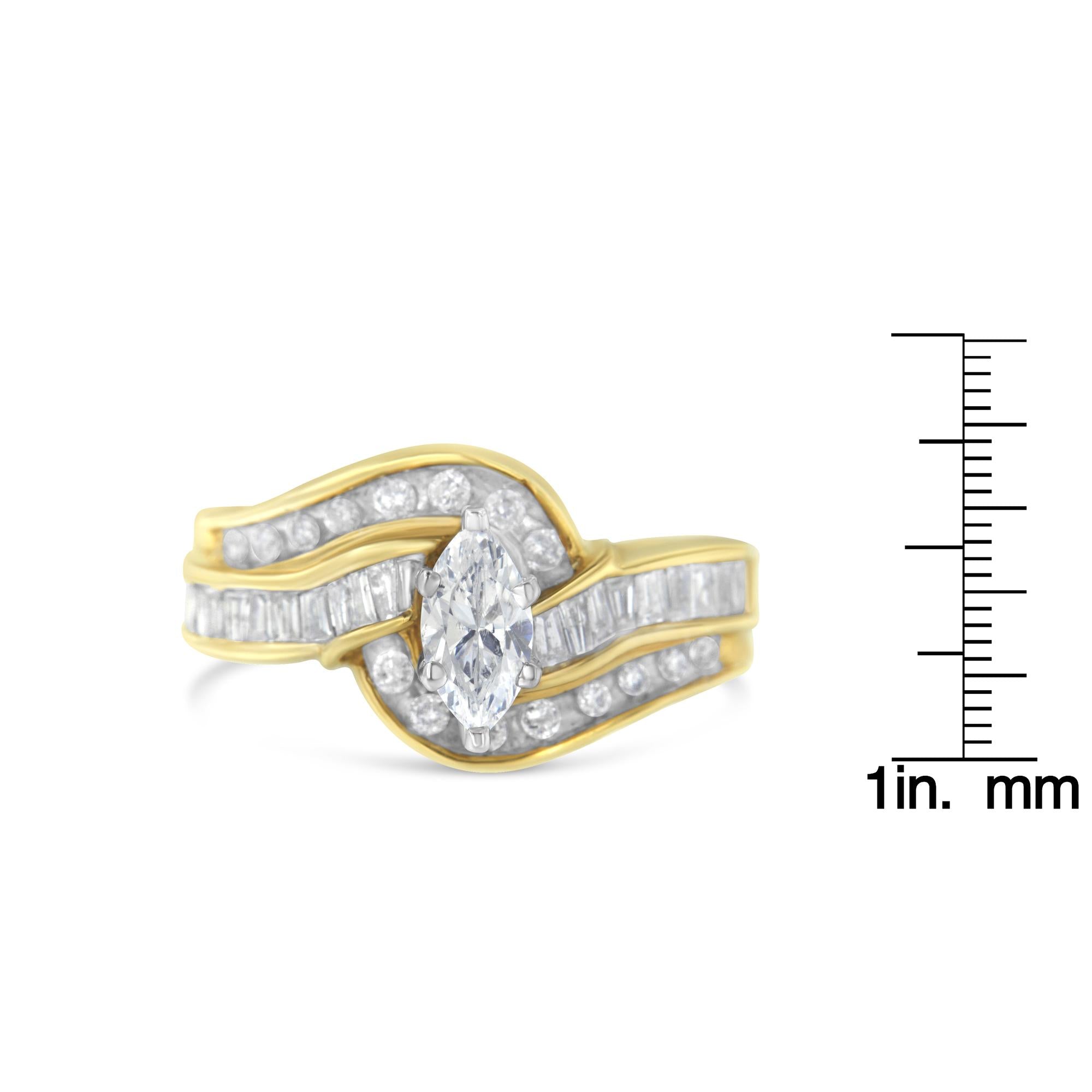 14KT Two-Toned Gold Marquise, Baguette and Round Cut Diamond Bypass Ring (1 cttw, H-I Color, SI1-SI2 Clarity) - Friggin Jewelry