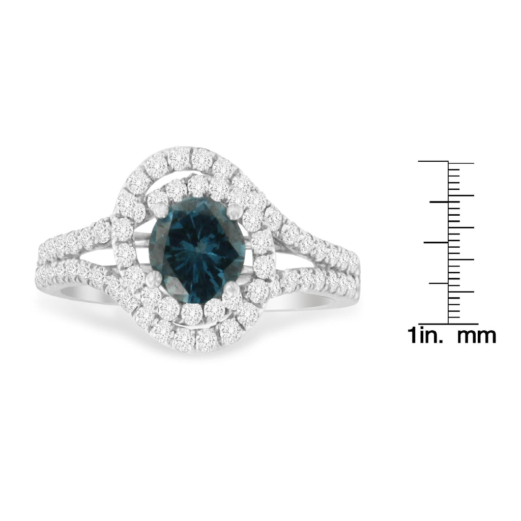14K White Gold 1-1/3 Cttw White & Blue Diamond Interweaving Double Halo Cocktail Statement Ring (G-H and Fancy Blue Color, SI2-I1 Clarity) - Friggin Jewelry