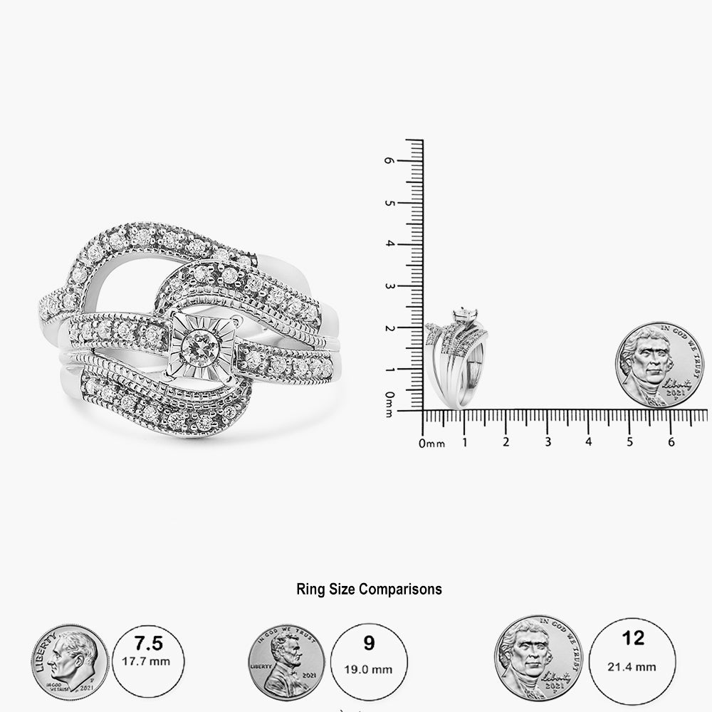 .925 Sterling Silver 1/3 Cttw Round Diamond Crisscross Engagement Ring Bridal Set (H-I Color, I1-I2 Clarity ) - Friggin Jewelry