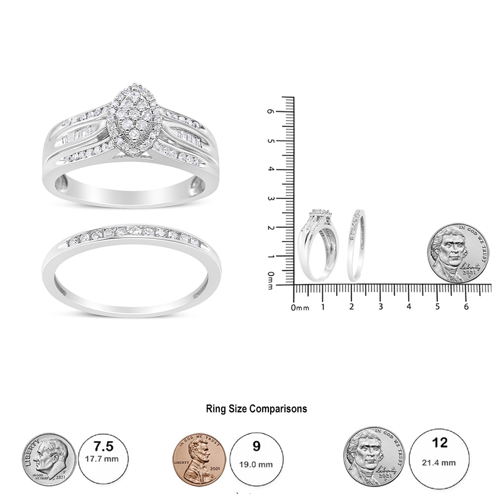 Conjunto de compromiso nupcial con diamantes de talla baguette y redondos de 1/2 quilates en plata de ley 925 (color IJ, claridad I1-I2) - Friggin Jewelry