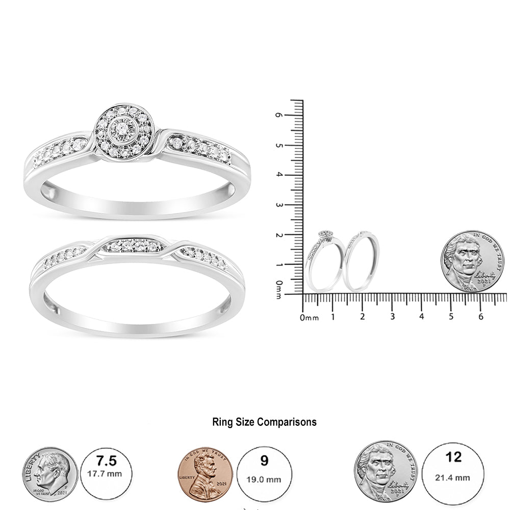 Anillo y alianza nupcial de plata de ley 925 con marco con detalles de diamantes y vástago retorcido (color IJ, claridad I3) - Friggin Jewelry