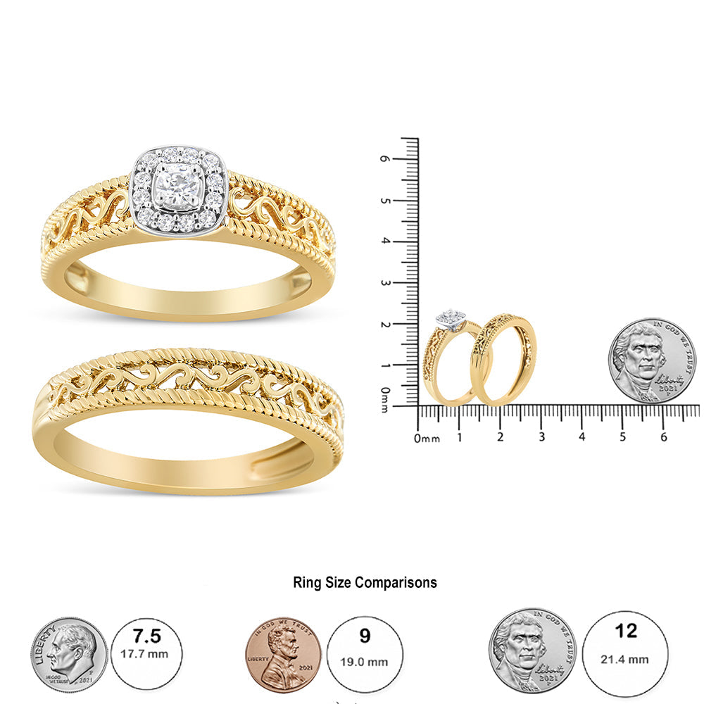 14K Yellow Gold Plated .925 Sterling Silver 1/5 Cttw Diamond Halo and Milgrain Finish Engagement Ring Bridal Set (I-J Color I3 Clarity) - Friggin Jewelry