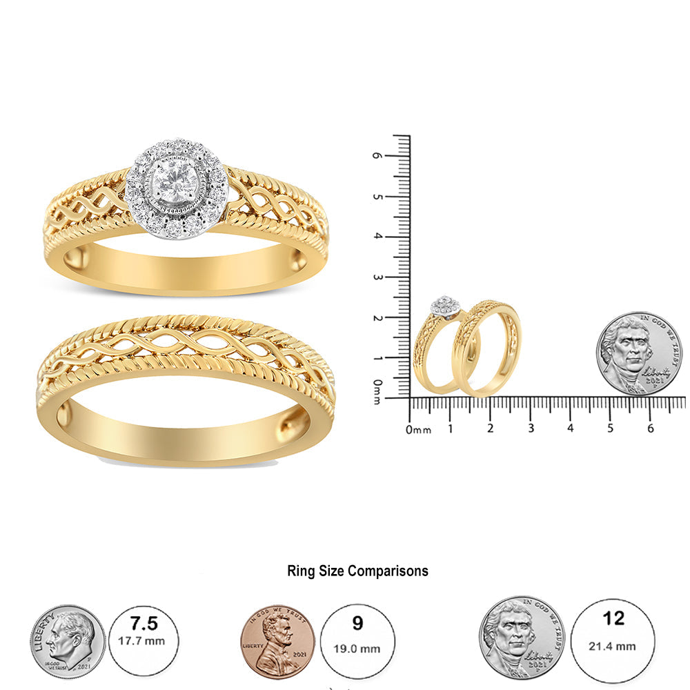 14K Yellow Gold Plated .925 Sterling Silver 1/5 Cttw Diamond Halo Engagement Ring and Wedding Band Set (I-J Color, I3 Clarity) - Friggin Jewelry