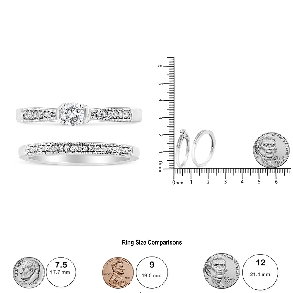 .925 Sterling Silver 1/3 Cttw Diamond Classic Engagement Ring Bridal Set with Milgrain (I-J Color, I3 Clarity) - Friggin Jewelry